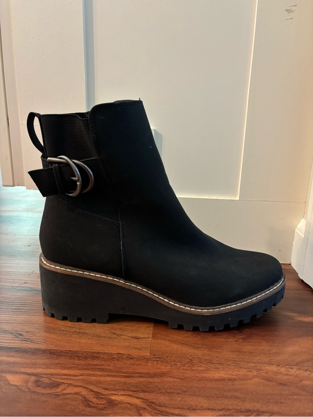Women’s Falls Creek Black Faux Leather Platform Ankle Boot with Buckle Accent